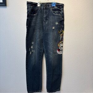 Ed Hardy *Rare* Dark Blue Straight Jeans with Colorful Skull Patch Sz 32